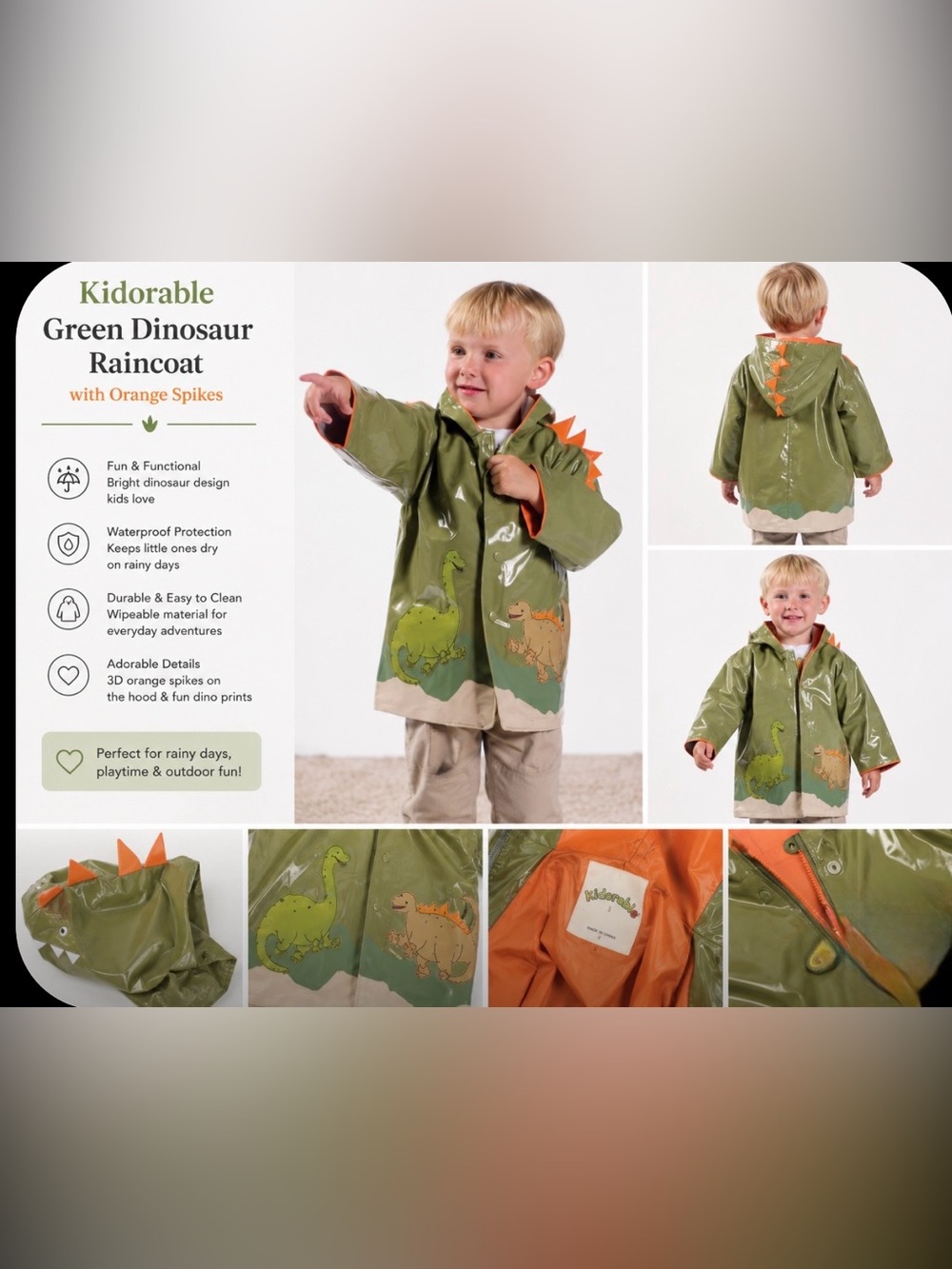 Kidorable Green Dinosaur Raincoat with Orange Spikes size 3T